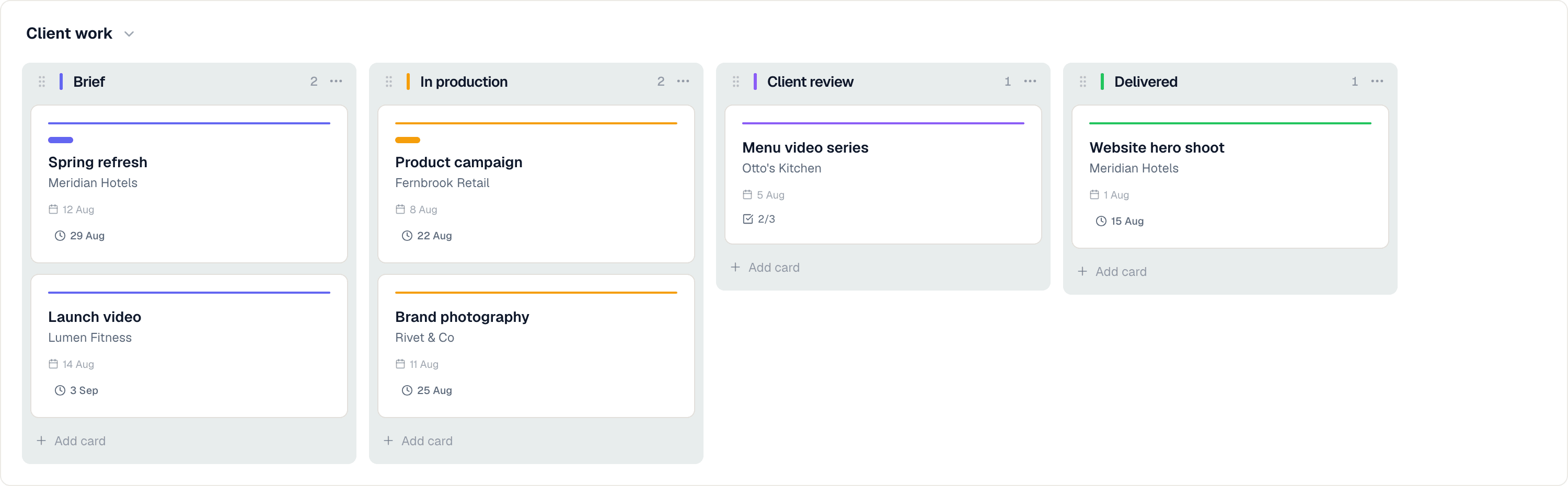 An Opsicom workflow board named Client work with Brief, In production, Client review and Delivered columns, cards for different client campaigns across several industries.
